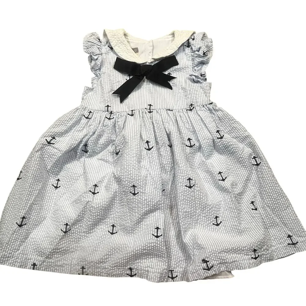Pastourelle Pippa & Julie Girls 2T Nautical Anchor Dress‎ Seersucker Blue Strip
